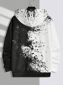Manfinity LEGND Men's Plus Size Color Block Splatter Print Letter Pattern Hooded Sweatshirt For Casual Wear - Black and White - View 2