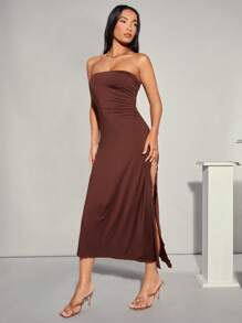 SHEIN BAE High Split Strapless Dress - Brown - View 1