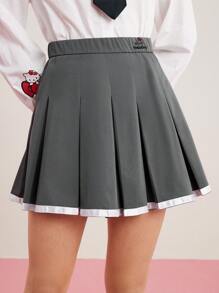 HELLO KITTY AND FRIENDS | SHEIN Letter Embroidered Waist Pleated Skirt - Grey - View 5