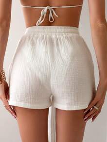SHEIN Swim Summer Beach Ladies' Solid Color Drawstring Waist Crop Top Wedding - White - View 2