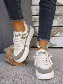 Fall/Winter Fashionable Casual Thick-Soled Color Block Lace-Up Sneakers For Women - Apricot - View 5