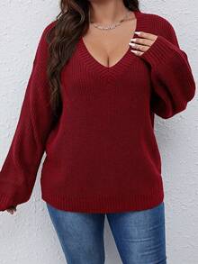 SHEIN Franclia Plus Size Women's V-Neck Drop Shoulder Long Sleeve Sweater - Red - View 3