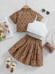 SHEIN 幼童女孩3入組夏季新款星星印花套裝,包括時尚衣服、背心上衣和裙子,為可愛造型添彩 - 卡其色 - 查看 2