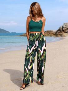 SHEIN VCAY 夏季海滩女式纯色吊带背心和植物印花裤两件套 - 綠色 - 查看 5