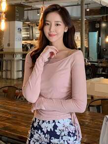 DAZY Áo thun nữ tay dài cổ bẻ không đối xứng màu trơn có dây rút bên hông - Hồng - Xem 5