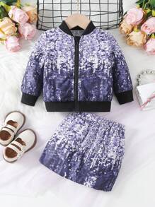 Baby Girls' Fashionable Shiny Glitter Printed Long-sleeve Cardigan, Paired With Printed Skirt Outfit For Autumn/winter