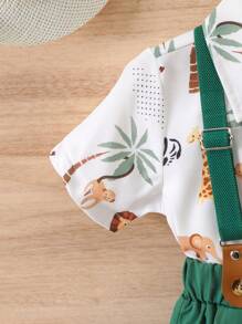 SHEIN 2 Bộ áo ngắn tay in hình động vật cho bé trai + Bộ quần short thường ngày, thanh lịch cho tiệc sinh nhật, đám cưới, lễ đặt tên, sinh nhật 1 tuổi - màu xanh lá - Xem 6