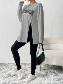 SHEIN Essnce Ladies' Two Piece Set With Split Letter Printed Top And Solid Color Leggings - Light Grey - View 5