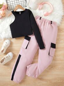 Tween Girls Solid Color Asymmetric Collar T-Shirt And Contrast Color Jogger Pants - Pink - View 4