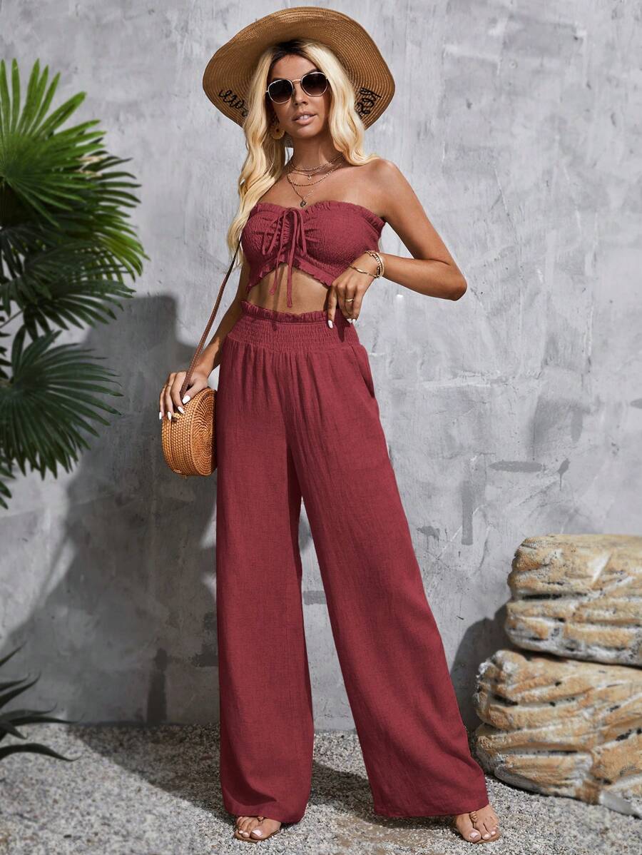 SHEIN Tall Women'S Solid Color Casual 2-Piece Set - Burgundy - View 1