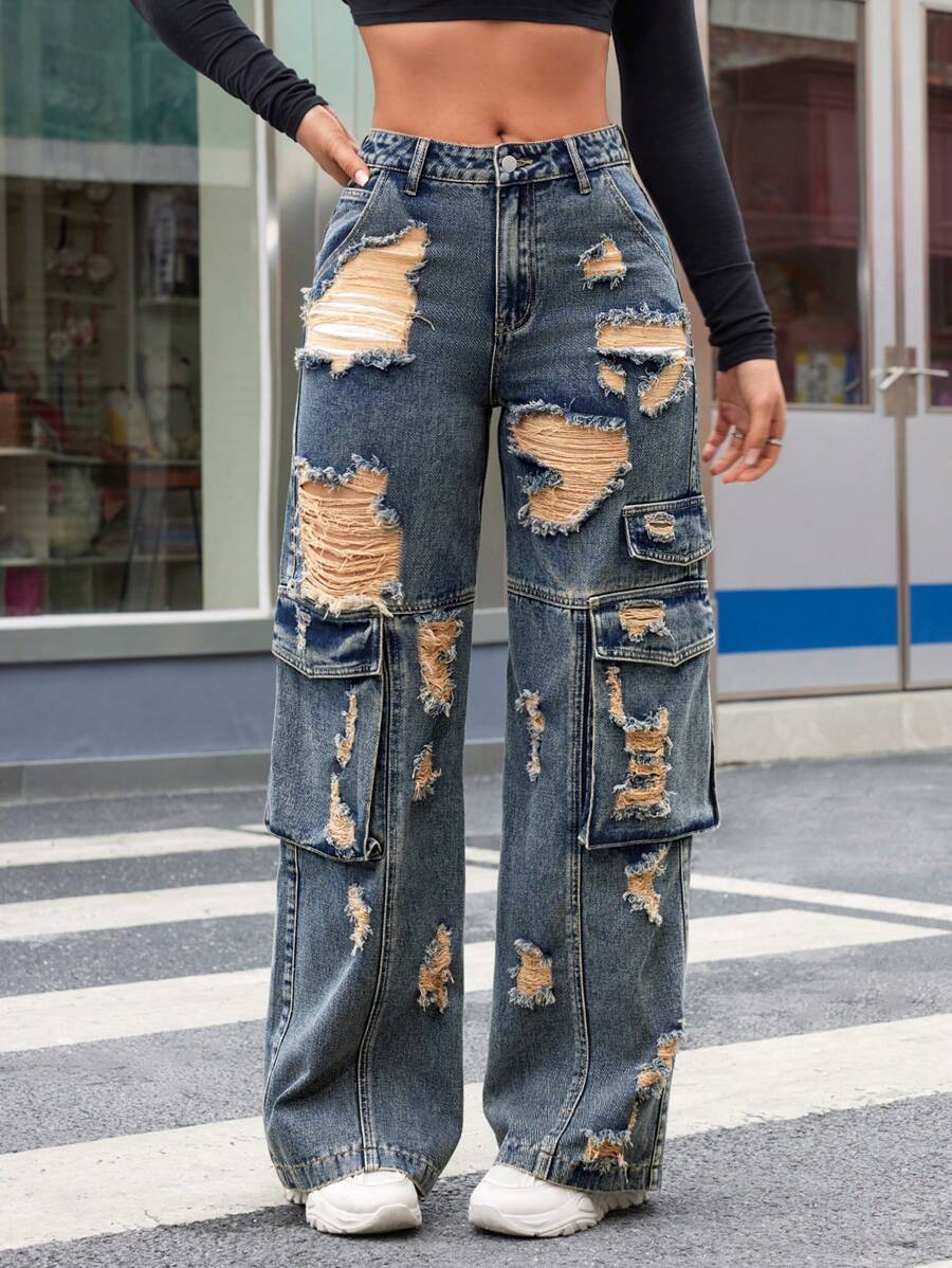 SHEIN ICON Distressed Denim Overalls Wide Leg Pants - Medium Wash - View 1