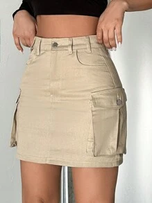 CasuGlow Full Pocket Detailed Denim Skirt - Apricot - View 3