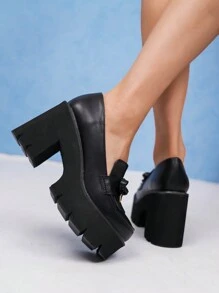 Zapatos de plataforma con tacón de cuña gruesa para mujer con lazo, impermeables, punta redonda y tacón ancho en color negro