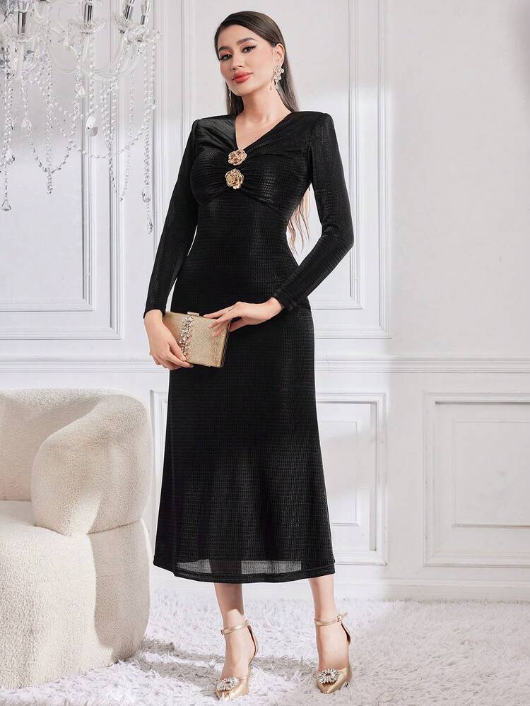 Women'S 3d Metallic Flower Decorated Mermaid Dress Long Evening Dresses