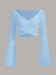 SHEIN EZwear Knitted Wrap Cross Front Bell Sleeves Top - Baby Blue - View 1