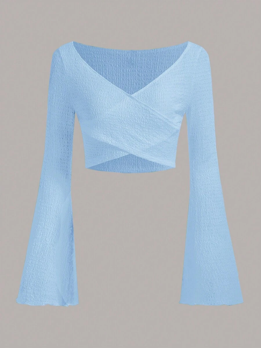 SHEIN EZwear Dệt kim Đan chéo Mặt trước Chuông Áo - Màu xanh nhạt - Xem 1
