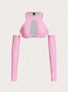 SHEIN ICON Women's Solid Color Hollow Out Off Shoulder Cropped Pu Top - Pink - View 1