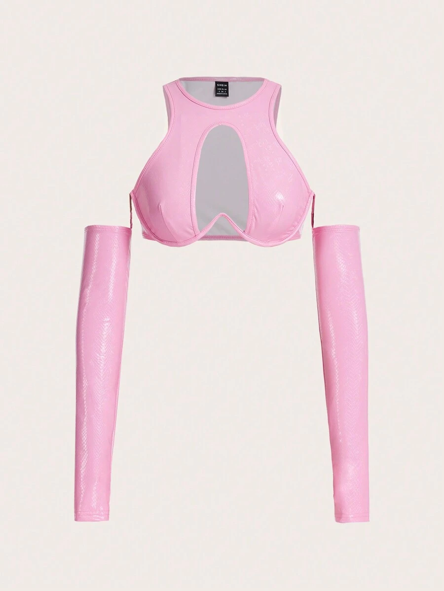 SHEIN ICON Women's Solid Color Hollow Out Off Shoulder Cropped Pu Top - Pink - View 1