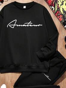 適合秋冬季的青少年男孩休閒字母印花連帽衫和褲子套裝 - 黑色 - 查看 3