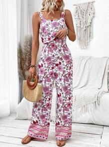 Breezaya Full Print Floral Sleeveless Jumpsuit - Red and White - View 2