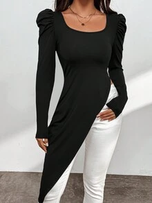 SHEIN Privé 女式純色羊腿袖不對稱下擺t卹 - 黑色 - 查看 3