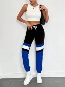 RueChic Calças de moletom com cordão e bloqueio de cores na cintura