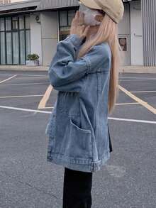 新款秋冬休闲单排扣口袋翻领牛仔夹克 - 淺色水洗藍 - 查看 4