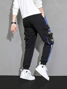 Pantalones Cargo Para Hombre Con Parche De Impresión De Letra - Azul - Ver 2