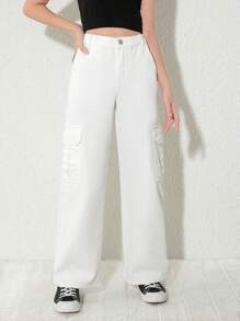 Tween Girls New Loose Fit Straight Leg Cargo Denim Pants - White - View 4