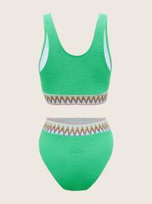 SHEIN Swim 夏季女士拼色比基尼套装，带混合条纹和提花条纹和纹理面板狂欢节 - 綠色 - 查看 5