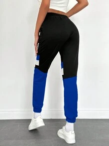 RueChic Calças de moletom com cordão e bloqueio de cores na cintura