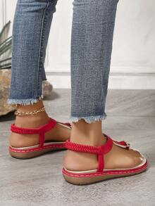 紅色腳踝帶雙層鞋底沙灘鞋,女式舒適時尚假日公寓鞋 - 紅色 - 查看 5