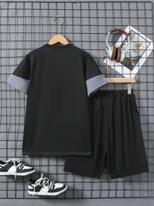 青少年男孩字母印花拼色短袖 T 恤和短裤 2 件/套 - 彩色 - 查看 2