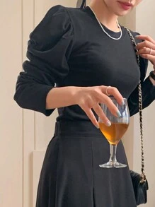 DAZY Solid Color Women's Short Sleeve T-Shirt With Leg-Of-Mutton Sleeves Long Sleeve Women Tops - Black - View 5