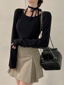 DAZY 女士休闲纯色蝴蝶结紧身T恤，春秋长袖女上衣，秋季女装