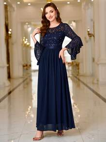 MIUSOL Sequin Floral Lace Flare Sleeve Contrast Chiffon Ruched Hem Formal Party Maxi Dress, Elegant Party, For Wedding Guest, Graduation, Dinner Evening Dress