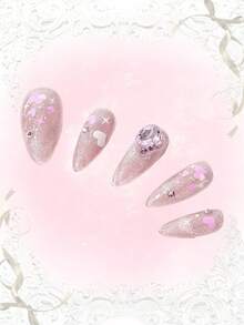 ROMWE Fairycore 10pcs Long Almond Heart Pattern Rhinestone Decor Fake Nail Kit - Multicolor - View 3