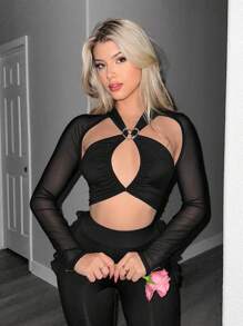 Sweetina Y2K Spring Women's Slim Fit Mesh Contrast Front & Middle Hollow Out Heart Rhinestone Decor T-Shirt