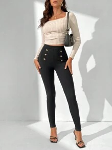 SHEIN Tall 女雙排扣裝飾長褲 - 黑色 - 查看 6