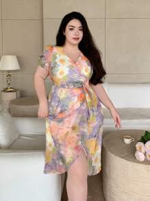 Dazy Plus Plus Size Elegant Floral Wrap Dress With Ruffle Hem Sundress Vacation Cruise Outfit For Women - Multicolor - View 6