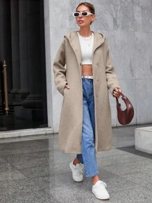 RueChic Drop Shoulder Hooded Overcoat - Beige - View 3