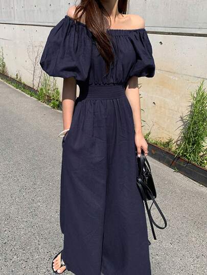 DAZY 女士单肩短袖泡泡袖连体裤，腰部系带，露肩上衣