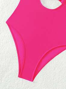 SHEIN Swim Summer Beach Ruffle Edge Trimmed Hollow Out One-Piece Swimsuit Valentine - Hot Pink - View 4