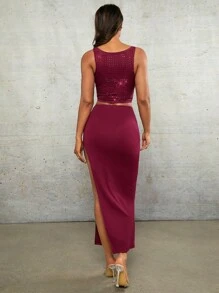 SHEIN BAE Valentinstag Hoher Schlitz Roter Strass Frauen Langer Rock