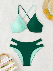 SHEIN Swim Conjunto de bikini con bloqueo de color y adorno de strass para playa de verano - Multicolor - Ver 3