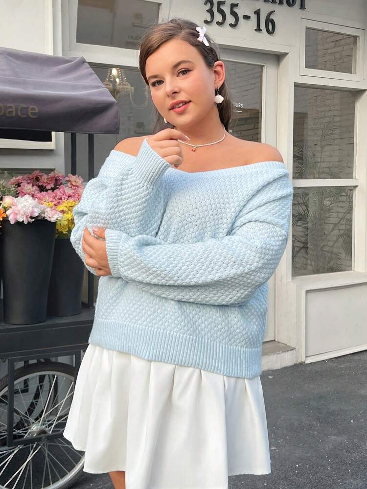 Plus Size Sky Blue Cute All-Match Solid Color Long Sleeve Pullover Sweater