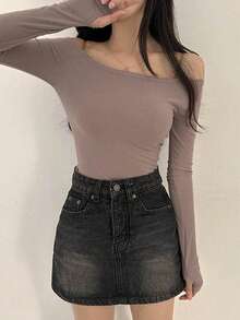 DAZY 女士修身純色露肩基礎t卹 - 卡其色 - 查看 6