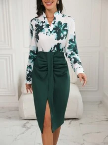 SHEIN Clasi Women's Floral Printed Splicing Notched Neckline Pleated Front Slit Dress - Green - View 6