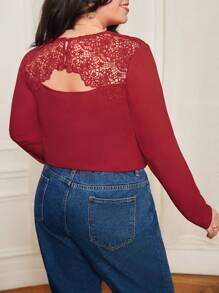 SHEIN Frenchy Plus 女式情人節蕾絲拼接鏤空襯衫 - 紅色 - 查看 6