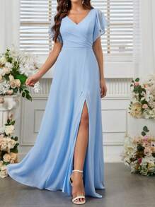 SHEIN Belle Elegant Women's Early Spring Wedding Season Soft Light Blue Elegant Chiffon Lotus Leaf Floating Sleeves Discounted High Waist High Slit Umbrella Hem Bridesmaid Dress - Blue - View 7